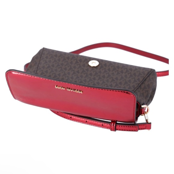 Michael Kors Jet Set Medium Convertible Pouchette Crossbody Brown Red Metallic - Picture 8 of 13